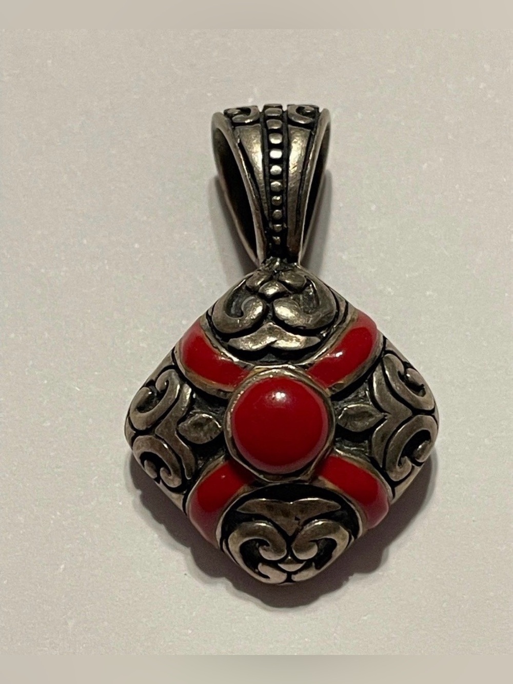 Vintage Ornate Sterling Silver Red Enamel Pendant #9514